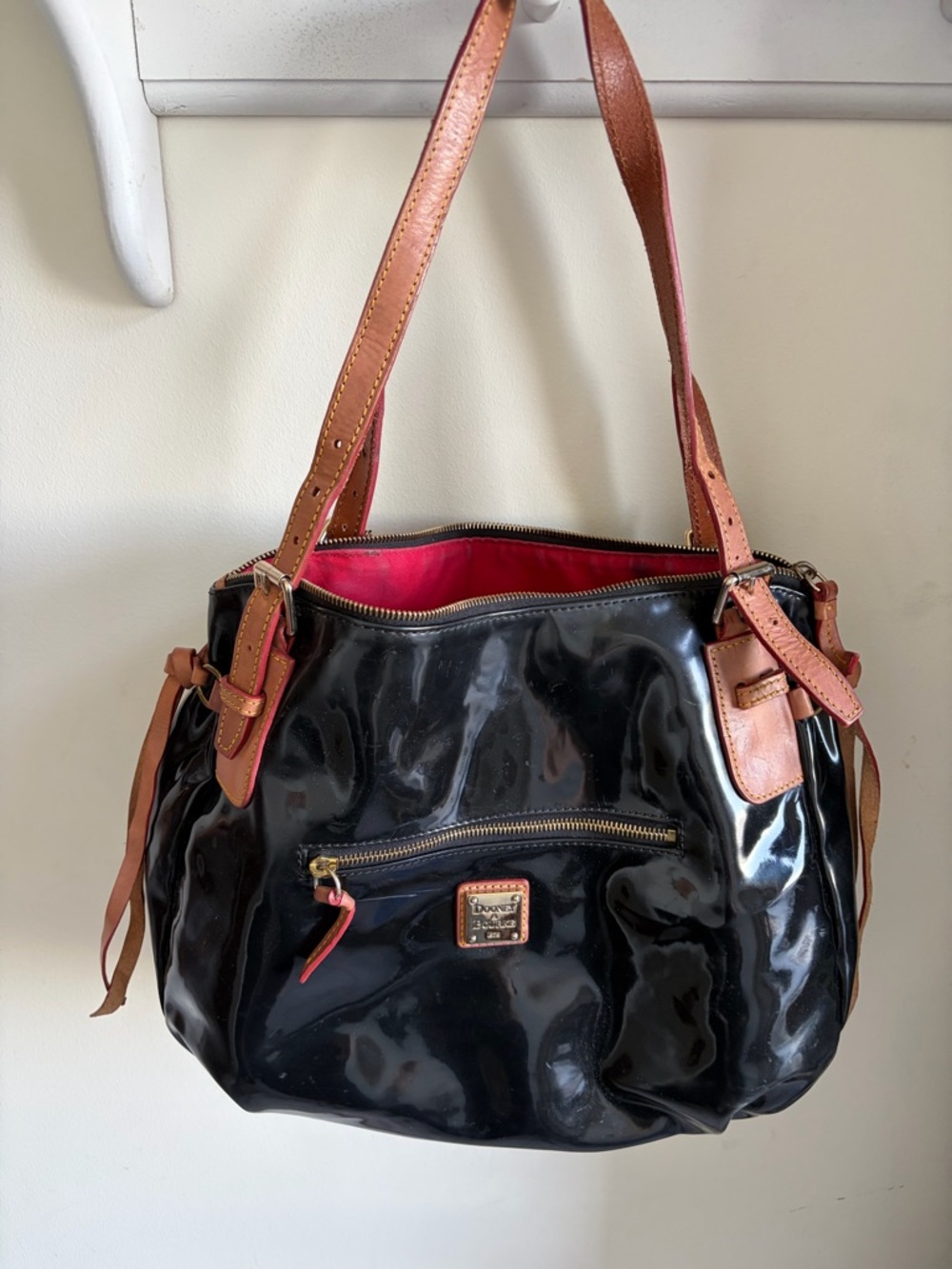 Dooney & Bourke Black Patent Shoulder Bag with Tan Trim and Pink Interior